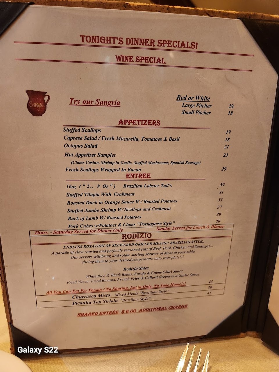 Printed menu for soups and Portuguese dishes